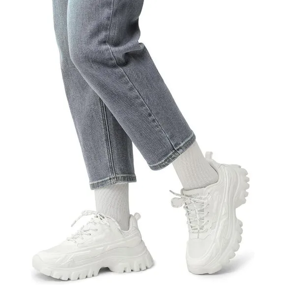 Women White Chunky Fashion Sneakers Bold Lace-Up Comfortable Sneakers