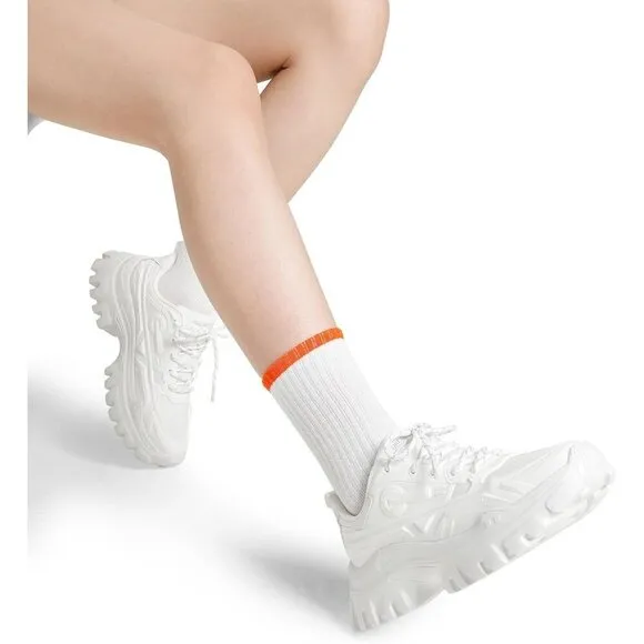 Women White Chunky Fashion Sneakers Bold Lace-Up Comfortable Sneakers