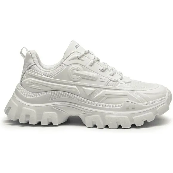 Women White Chunky Fashion Sneakers Bold Lace-Up Comfortable Sneakers