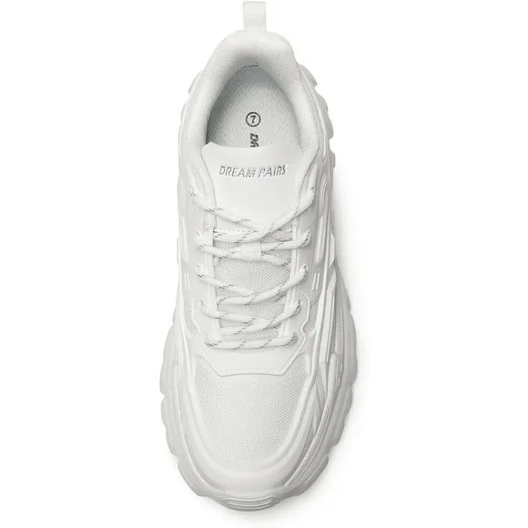 Women White Chunky Fashion Sneakers Bold Lace-Up Comfortable Sneakers