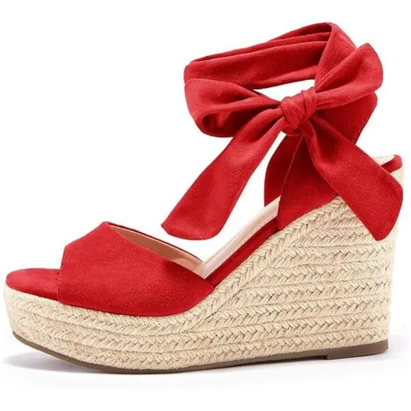 Womens Lace up Espadrilles Platform Wedges Sandals Red