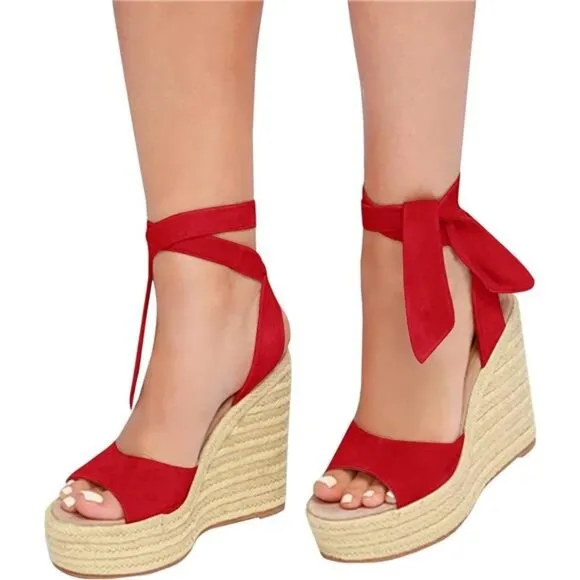 Womens Lace up Espadrilles Platform Wedges Sandals Red