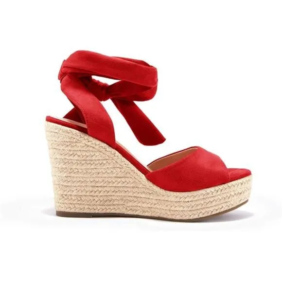 Womens Lace up Espadrilles Platform Wedges Sandals Red