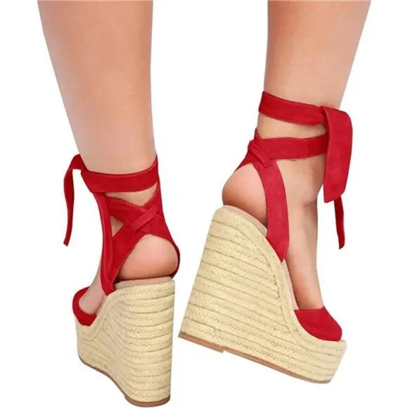 Womens Lace up Espadrilles Platform Wedges Sandals Red