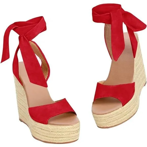 Womens Lace up Espadrilles Platform Wedges Sandals Red