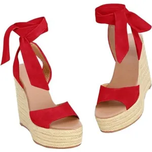 Womens Lace up Espadrilles Platform Wedges Sandals Red