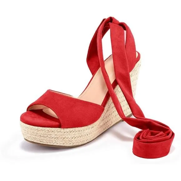 Womens Lace up Espadrilles Platform Wedges Sandals Red