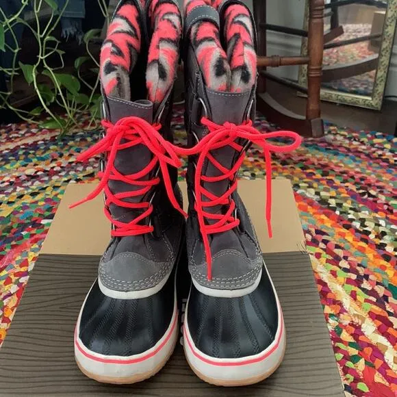 Women’s Sorel Joan of Arctic Knit Gray &amp; Hot Pink Waterproof Snow Rain Boots - 8