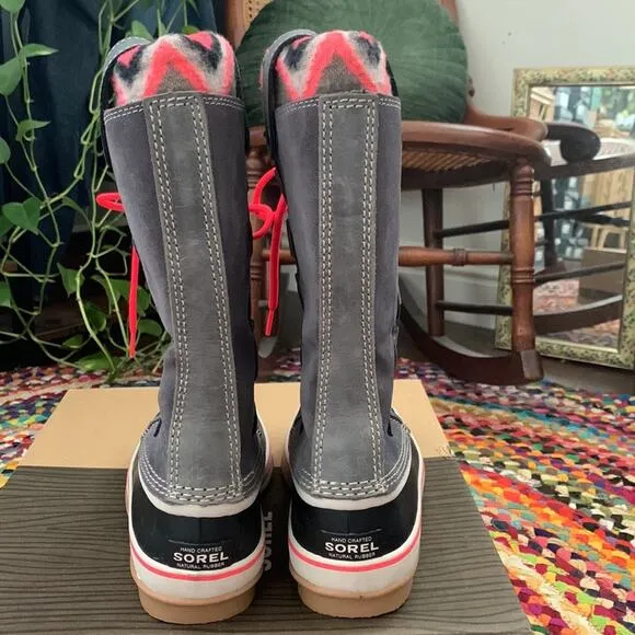 Women’s Sorel Joan of Arctic Knit Gray &amp; Hot Pink Waterproof Snow Rain Boots - 8