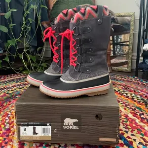Women’s Sorel Joan of Arctic Knit Gray &amp; Hot Pink Waterproof Snow Rain Boots - 8