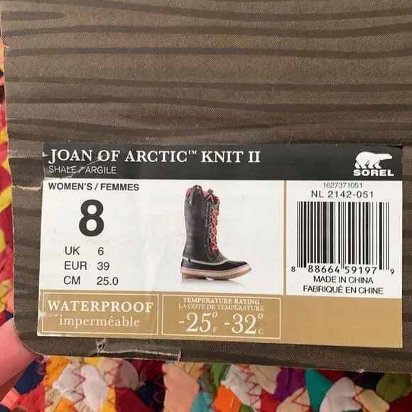 Women’s Sorel Joan of Arctic Knit Gray &amp; Hot Pink Waterproof Snow Rain Boots - 8