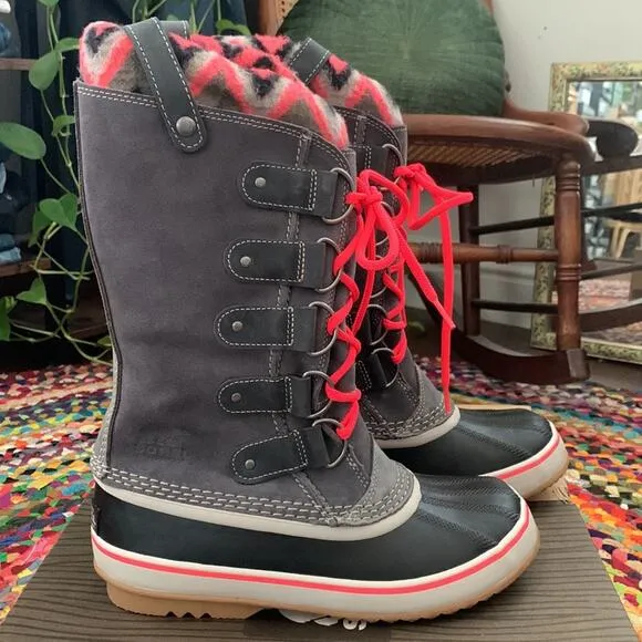 Women’s Sorel Joan of Arctic Knit Gray &amp; Hot Pink Waterproof Snow Rain Boots - 8