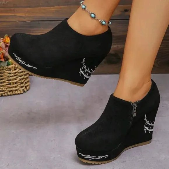 Women's Wedge Heel Boots, Solid Color Fashion Platform Booties