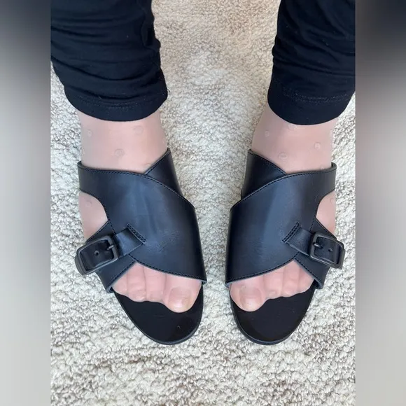 Yohji Yamamoto Sandals Semi-Gloss Tanned Leather Flat Black Size 6,5