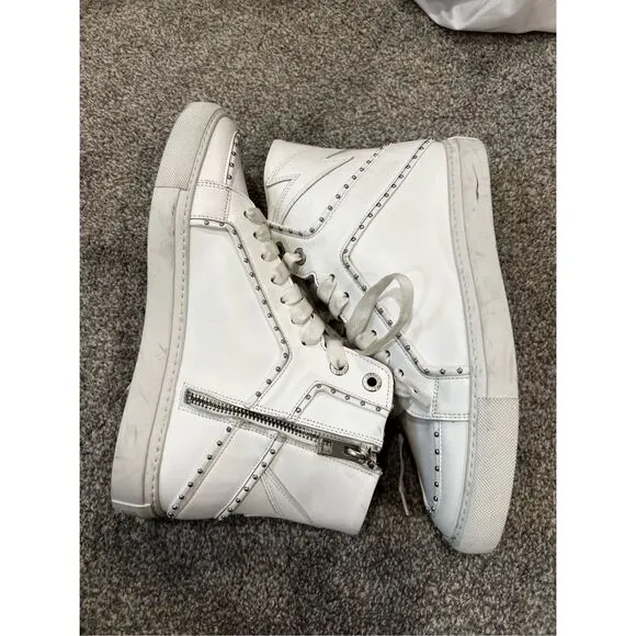 Zadig &amp; Voltaire Women's White Leather Studded High Flash Sneakers Size 41 NWOT