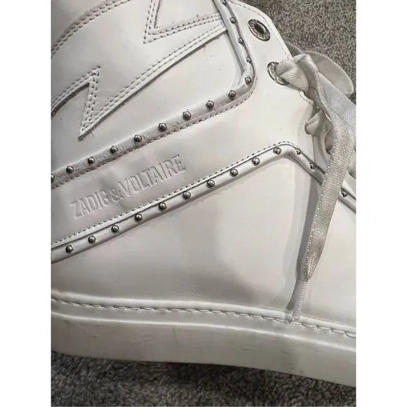 Zadig &amp; Voltaire Women's White Leather Studded High Flash Sneakers Size 41 NWOT