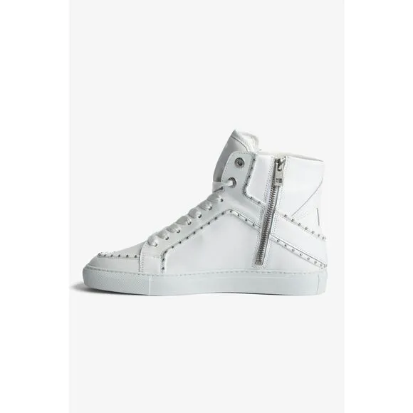 Zadig &amp; Voltaire Women's White Leather Studded High Flash Sneakers Size 41 NWOT