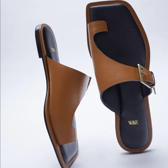 ZARA Asymmetric Flat Leather Sandals With Buckle