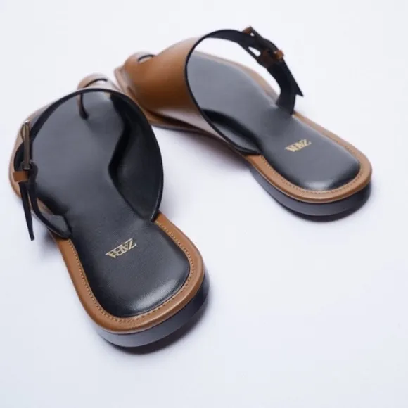 ZARA Asymmetric Flat Leather Sandals With Buckle