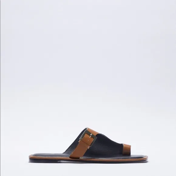 ZARA Asymmetric Flat Leather Sandals With Buckle