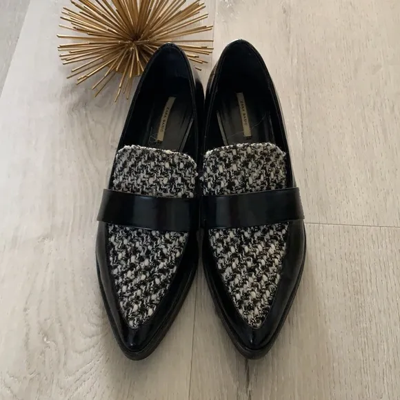 ZARA Basic Tweed Black Patent Loafers size 39 USA 8 classic
