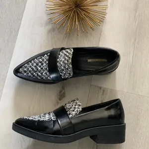 ZARA Basic Tweed Black Patent Loafers size 39 USA 8 classic