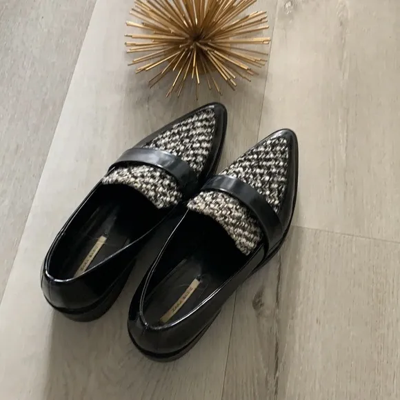 ZARA Basic Tweed Black Patent Loafers size 39 USA 8 classic
