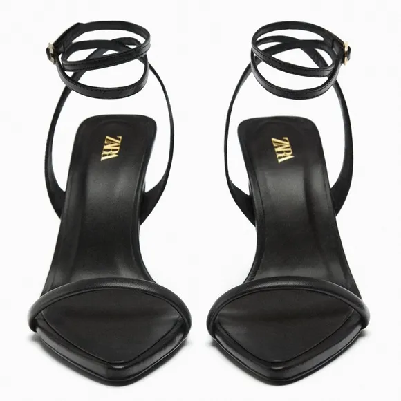 Zara Black Flat Strap Heeled Leather Pointed Toe Sandals