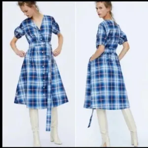 Zara Blue Plaid Button Down Dress Sz S