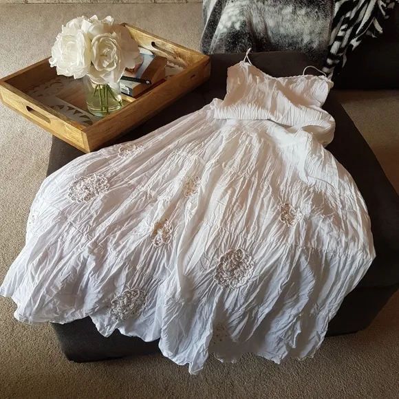 ZARA Bright White Embroidered Spaghetti Strap Full Tiered Maxi Dress