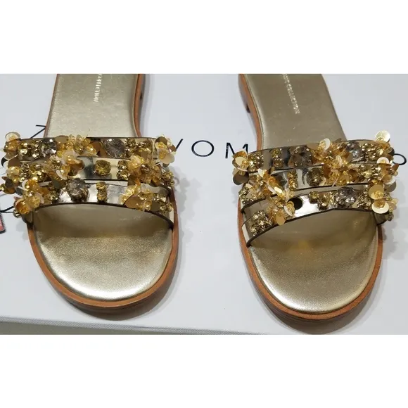 Zara Gold Beaded Flat Sandals Women's Size 5