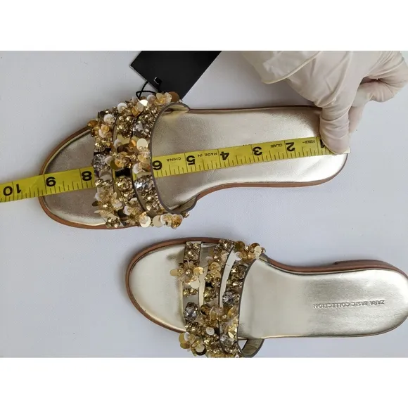 Zara Gold Beaded Flat Sandals Women's Size 5