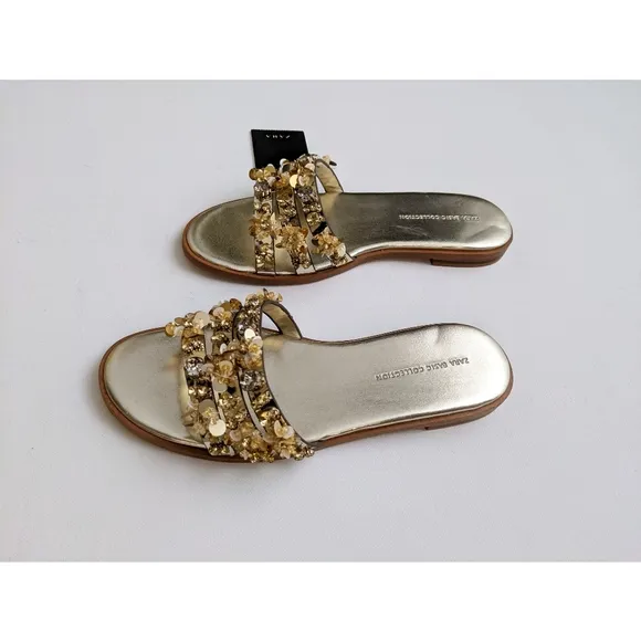 Zara Gold Beaded Flat Sandals Women's Size 5