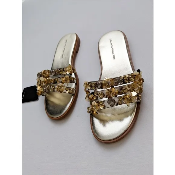 Zara Gold Beaded Flat Sandals Women's Size 5