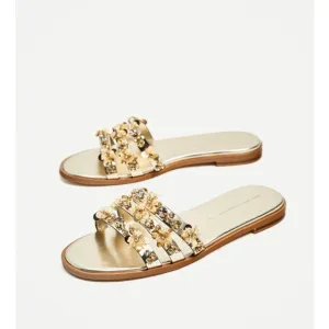 Zara Gold Beaded Flat Sandals Women's Size 5