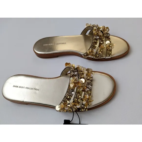 Zara Gold Beaded Flat Sandals Women's Size 5