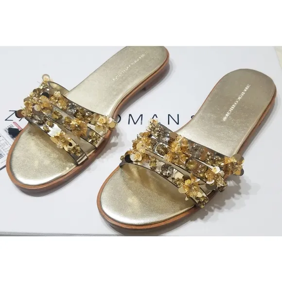 Zara Gold Beaded Flat Sandals Women's Size 5
