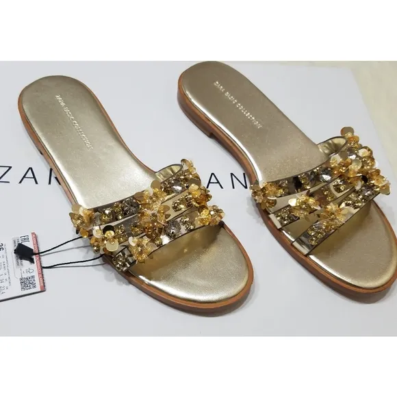 Zara Gold Beaded Flat Sandals Women's Size 5