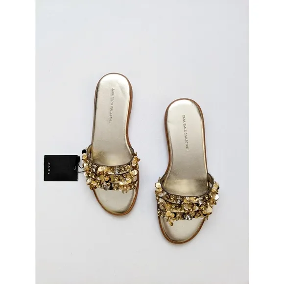 Zara Gold Beaded Flat Sandals Women's Size 5