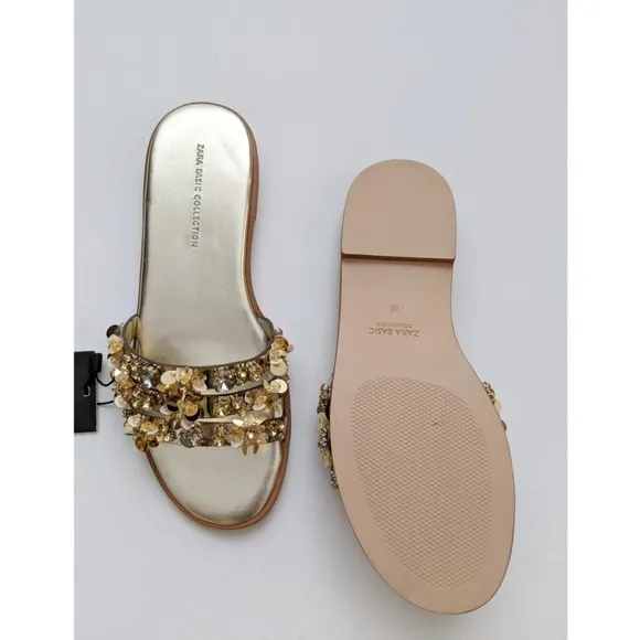 Zara Gold Beaded Flat Sandals Women's Size 5