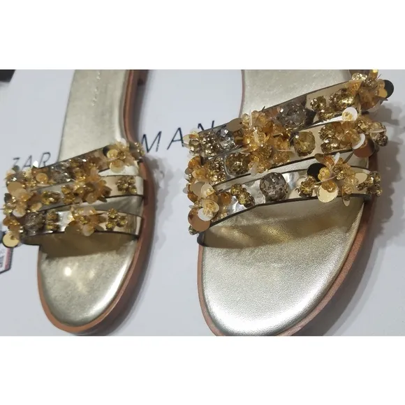 Zara Gold Beaded Flat Sandals Women's Size 5
